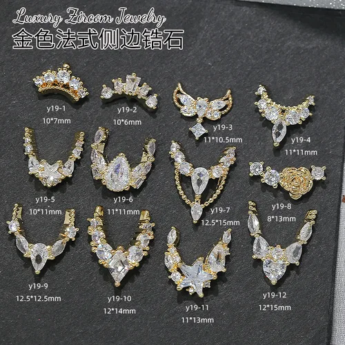 3 uds brillo de lujo repleto de circonita media luna francesa borde en V colgante de oro Nail Art diamantes de imitación joya decoraciones manicura dijes superiores