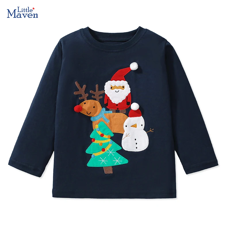 Little Maven 2024 Autumn Tops Kids Clothes Baby Girls Boys Children's Clothing Embroidery Cartoon Christmas Deer T-shirts Cotton