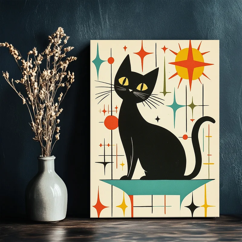 (No frame)2D Flat, 1pc Retro Black Cat with Wooden Frame - Atomic Age Modern Canvas Suitable for Cat Lovers, Vintage Decor fo