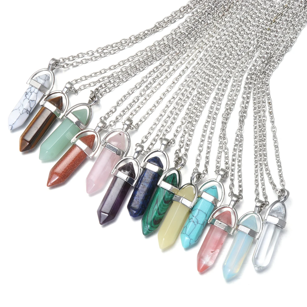 Silver Plated Natural Quartz Crystal Hexagonal Chakra Healing Point Pendulum Stone Pendant Hexagon Pyramid Rose Quartz Amethyst