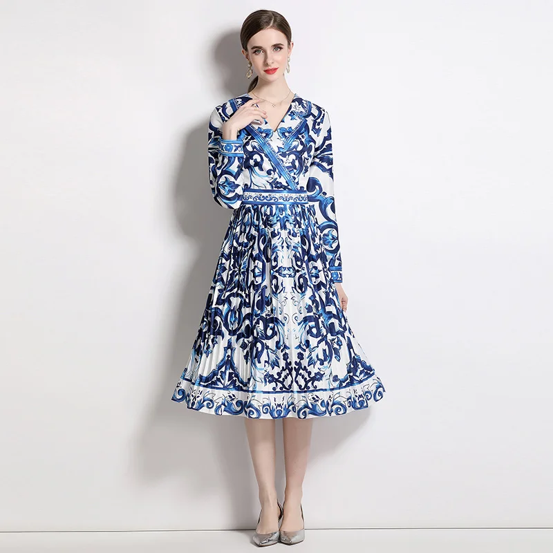 Spring Fashion Blue and White Porcelain Shirt Midi Dress Women Clothing Notched Collar Long Sleeve Pleated Dress Vestidos N2040