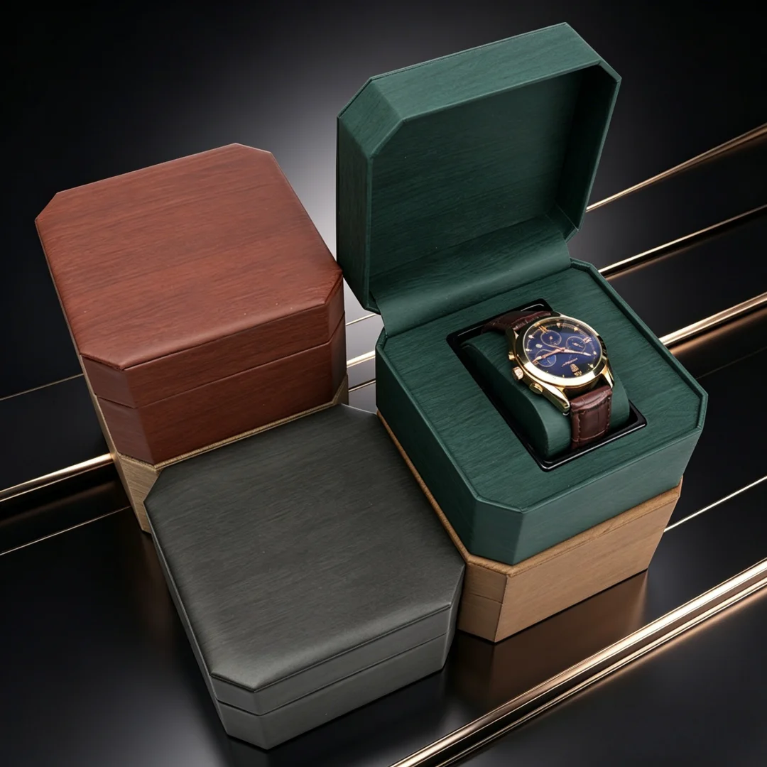 Men Women's Fashion Octagonal PU Leather Watch Box Curved Packaging Watch Box for Seiko Casio Quartz Automatic Machinery Watch