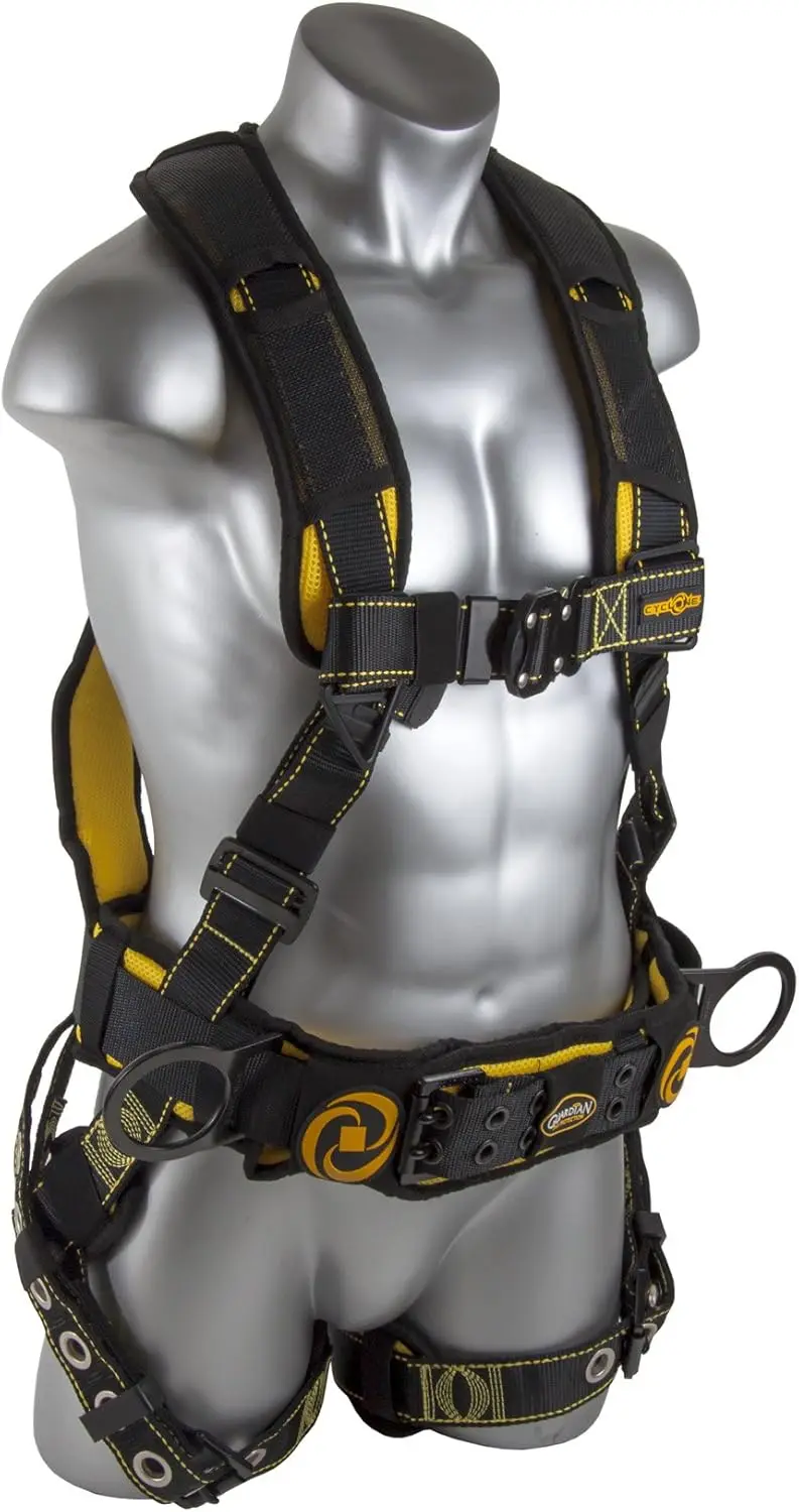 21030 Cyclone Construction Harness with QC Chest/TB Leg/TB Waist Belt/Side D-Rings, Black/Yellow, Mediu