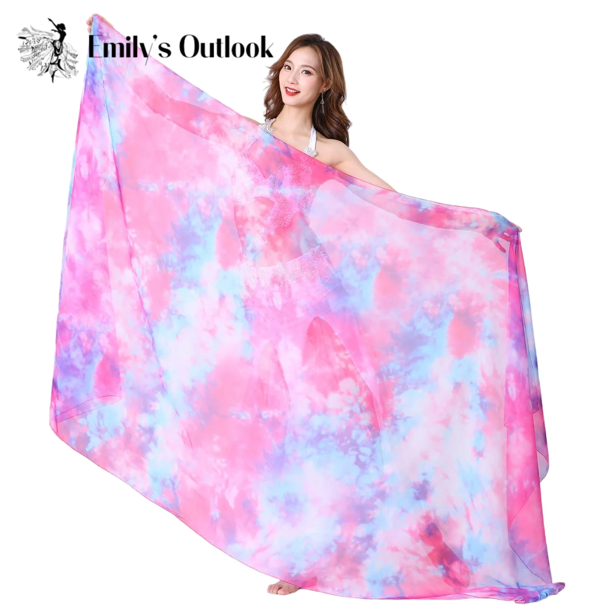 Bellydance Hand Scarf Women Chiffon Shawl Veil Handmade Tie Dye Lightweight Dance Costume Accessory Props Floral Print 250cm New