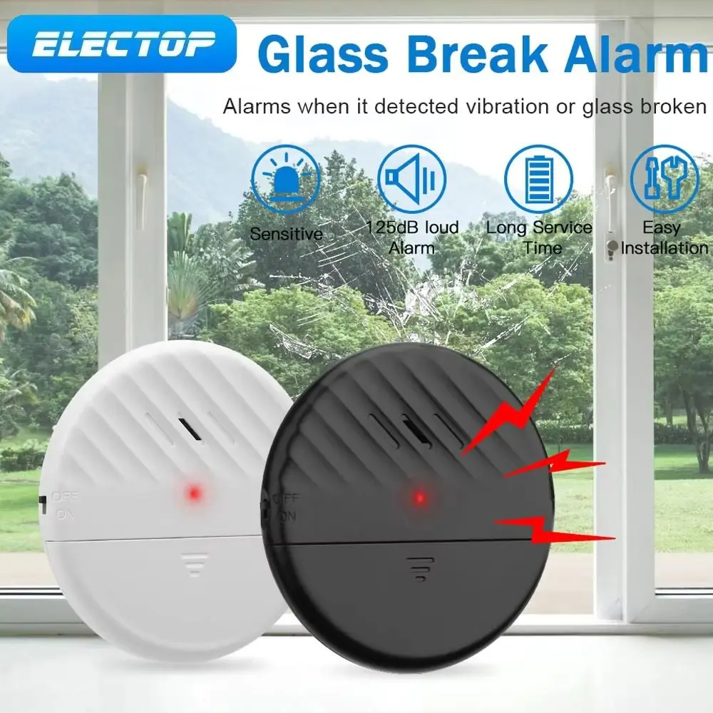Protection Battery-Powered Vibration Alarm Ultra-Thin 125dB Anti-Theft Alarm Adhesive Wireless Glass Breakage Sensor Door