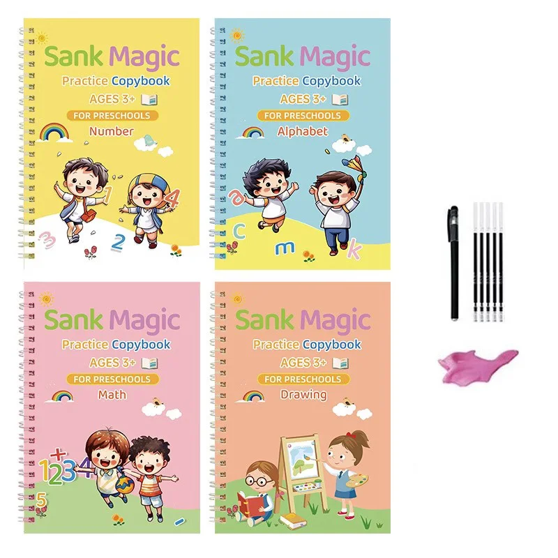 4 pezzi Sank Magic Practice Copybook Pen In età prescolare Bambini Calligrafia Versione inglese Spessitura gratuita Libro di scrittura riutilizzabile per bambini