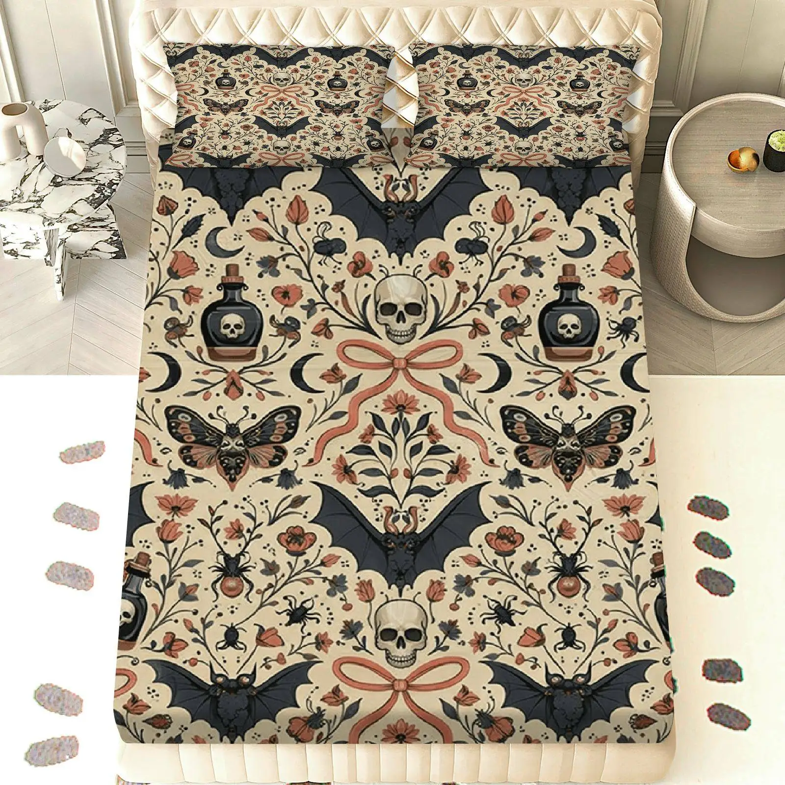 3-Piece Vintage Gothic Style Halloween Bedding Set (Includes 1 Fitted Sheet + 2 Pillowcases, No Inserts), Horror-Themed Floral Bat Moth Skull Bedding, Soft and Breathable Mattress Protector