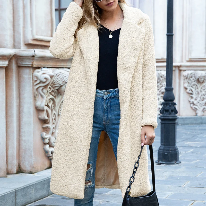 

Lamb Wool Coat Women's Autumn and Winter New Casual Women's Mid-length Fashion Solid Color Temperament Lapel Wool Cardigan