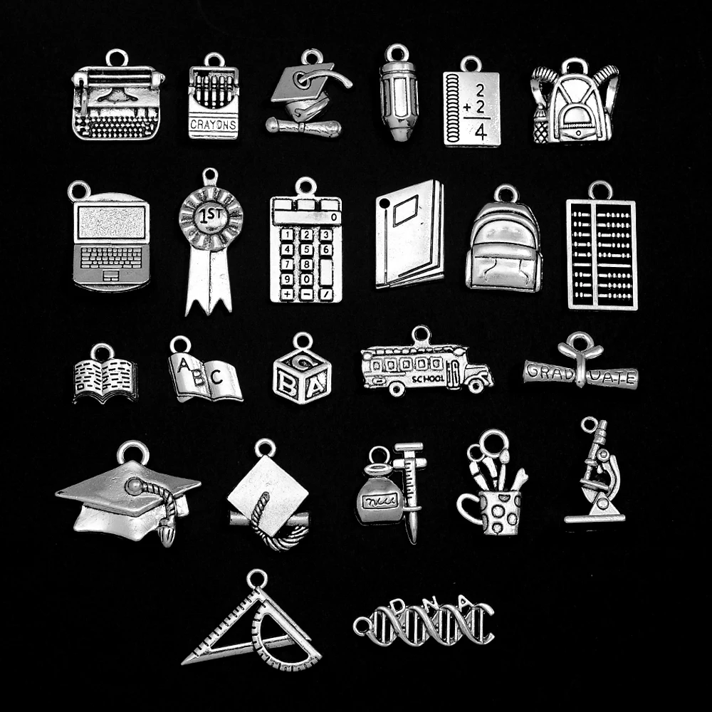 10/20/30pcs/lot Vintage Back To School Charms Graduation Hat Notebook Crayon Schoolbag Pendants For Diy Jewelry Making Supplies