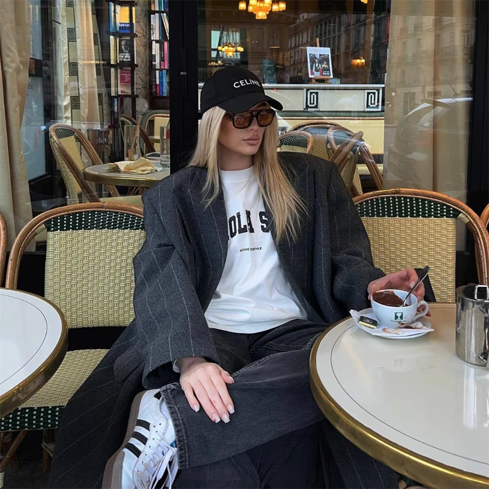 Taop&Za women\'s clothing 2024 autumn and winter new long striped coat fashionable temperament thick warm loose