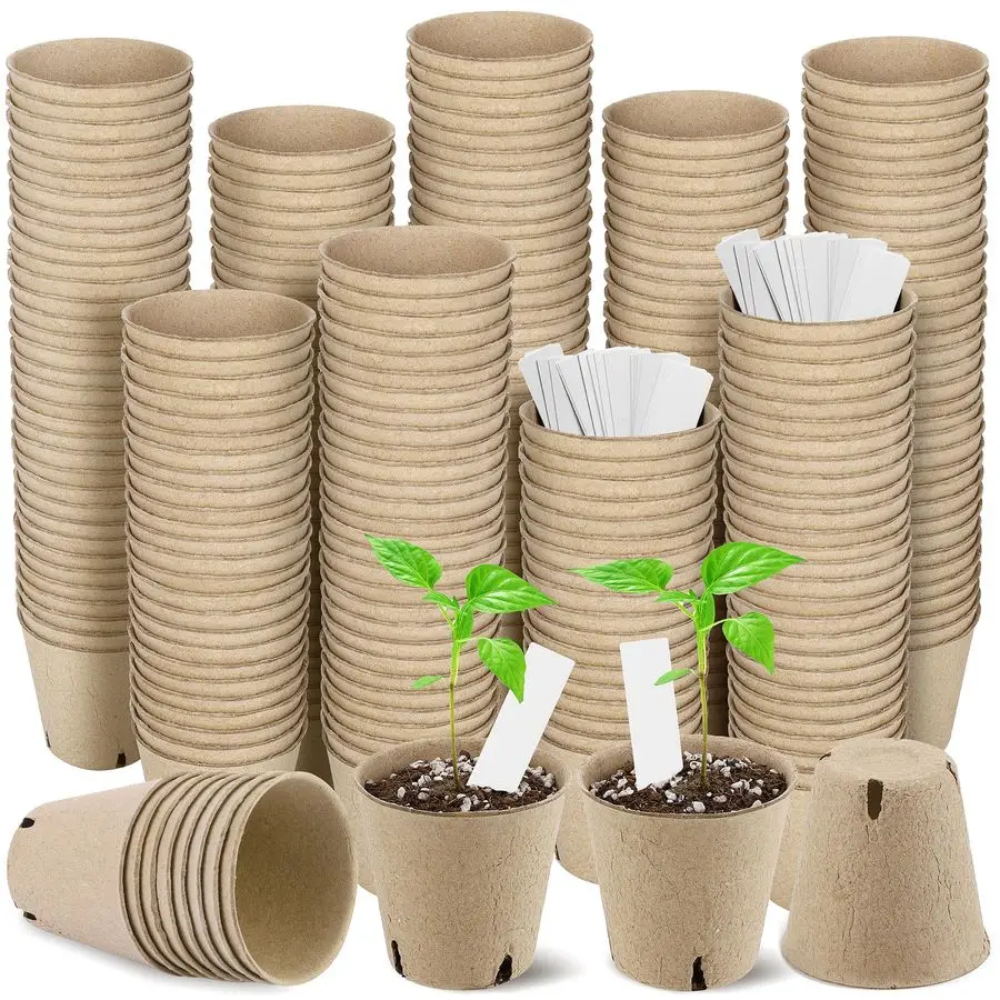 

300 штук круглых биоразлагаемых торфяных горшков для рассады диаметром 3,15 дюйма с 300 этикетками для растений, для выращивания рассады