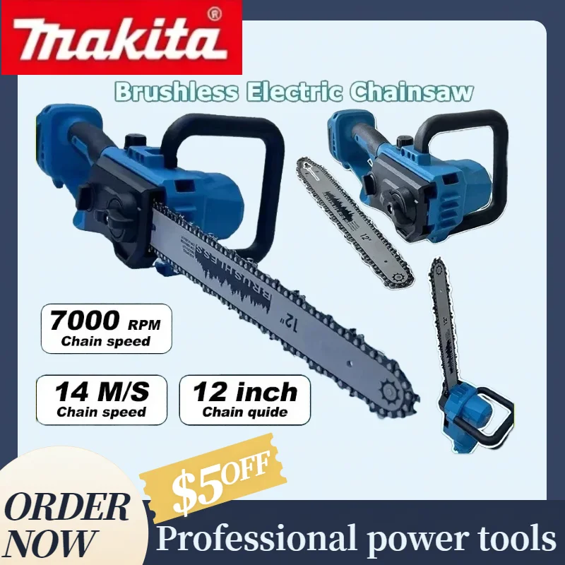 

Makita Handheld 12 Inch 1500W Brushless Chainsaw Cordless Wood Saw Household Orchard Pruning Tool Compatible Makita Battery