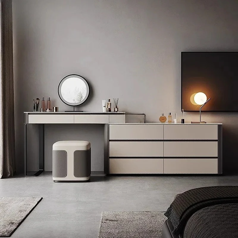 

Modern cream style white chest integrated high-end corner slate solid wood dressing table
