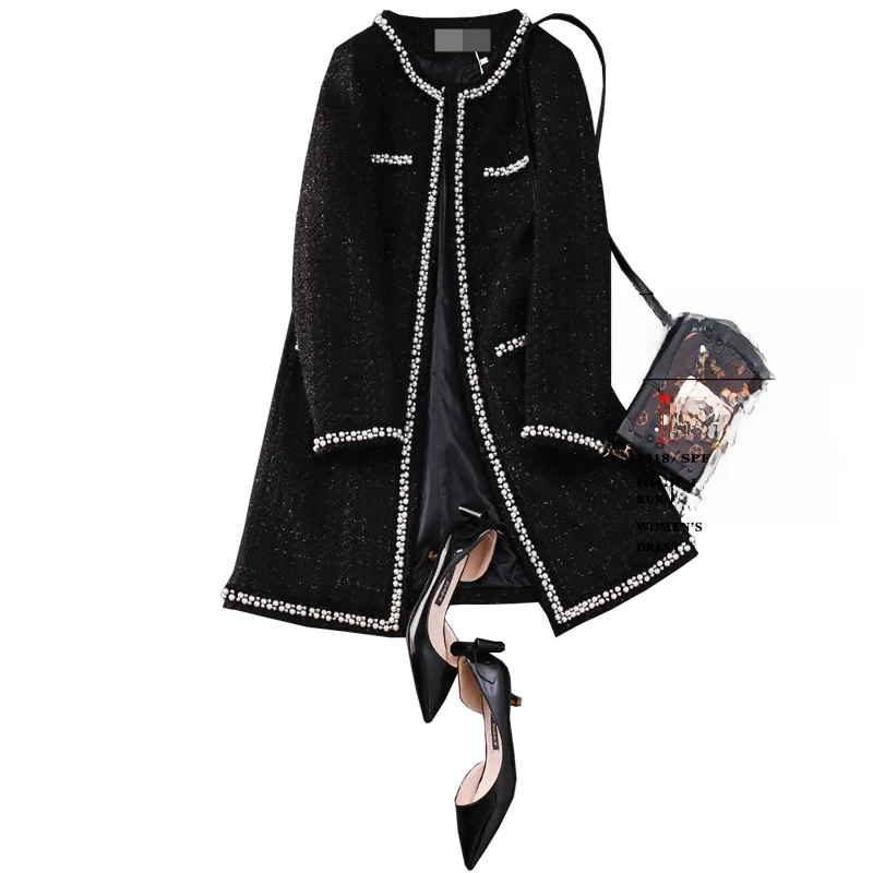 

Elegant Classic Checkered Woolen Coat Women's Mid-Length Black Bead Embellished Stylish Commute Korean Style round Neck Long ...