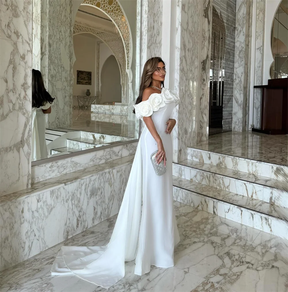 Suknie wieczorowe Mila z odkrytymi ramionami, białe, szyte na miarę, syrenka, sukienka na studniówkę z kwiatami 3D, 2025, tren dworski, zapinana na zamek, suknie formalne na przyjęcie weselne.