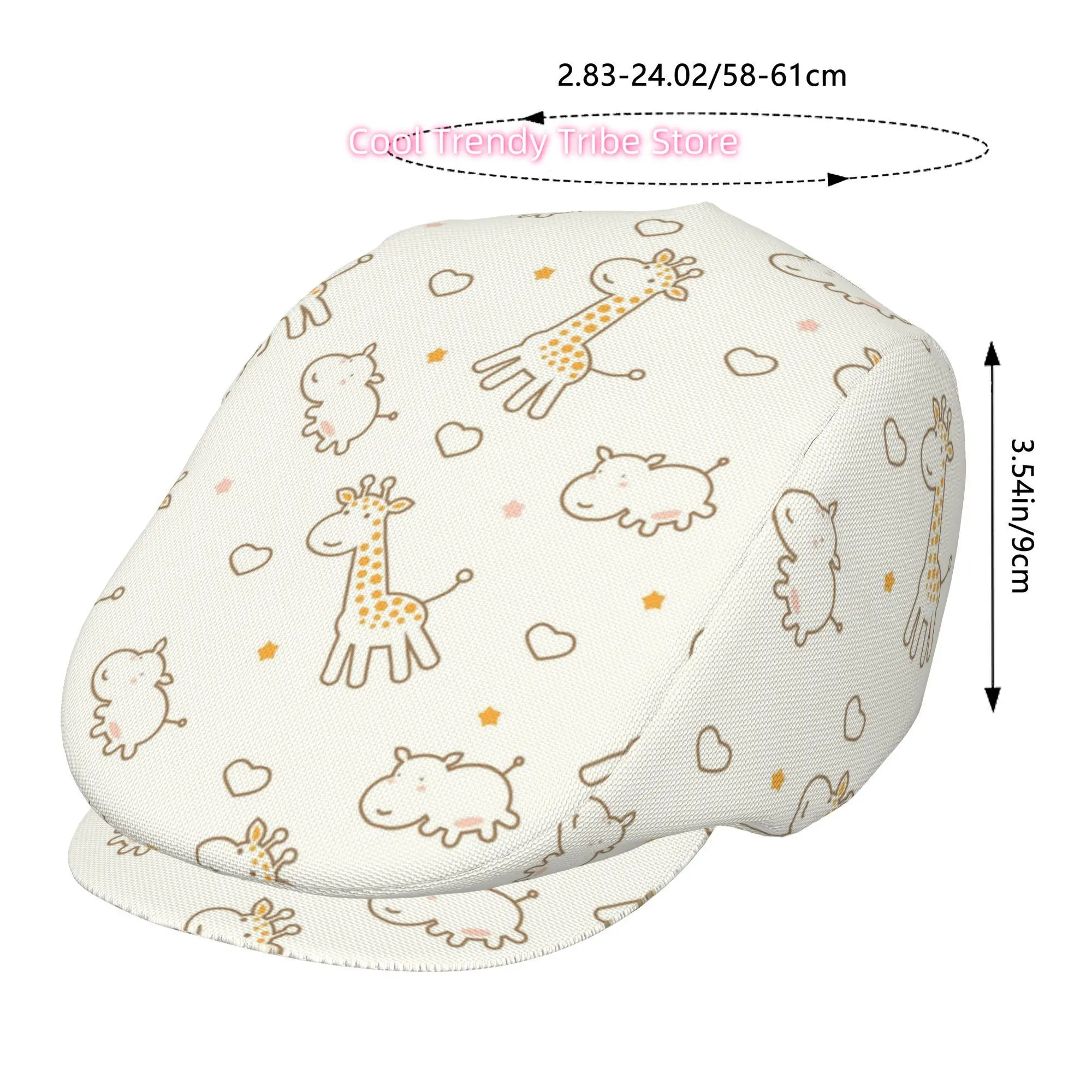 1pc Giraffe And Hippopotamus Cartoon Pattern Full Face Print Beret Fashion Newsboy Cap Unisex Golf Cap Outdoor Sports Leisure Ac