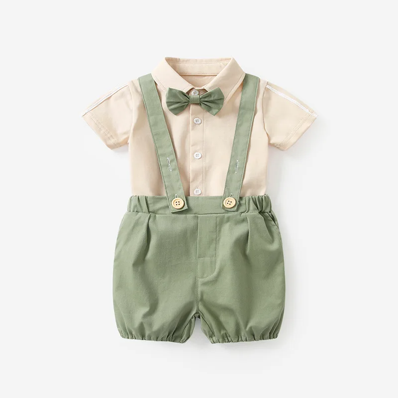 Korean Style New Summer Clothes for Kids Boy Sets Short Sleeves Turn-down Collar Bodysuit+Green Overalls Children Outfits