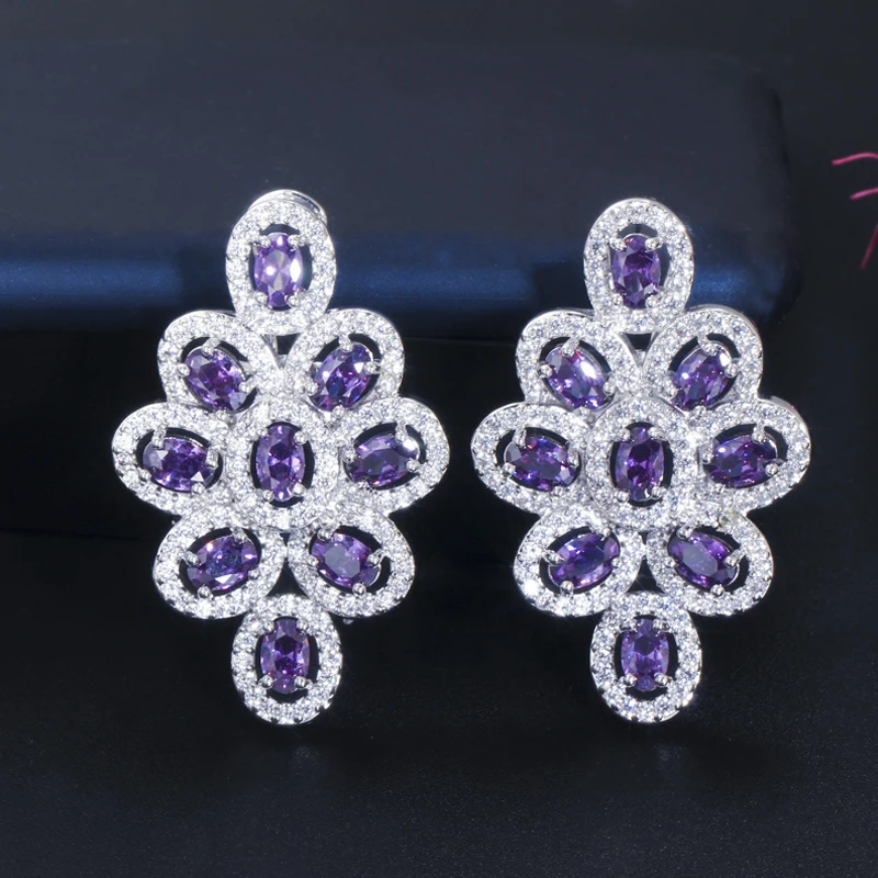 ThreeGraces Fashion Shiny Blue Cubic Zirconia Big Flower Stud Earrings for Ladies Elegant Bridal Party Costume Jewelry E1813