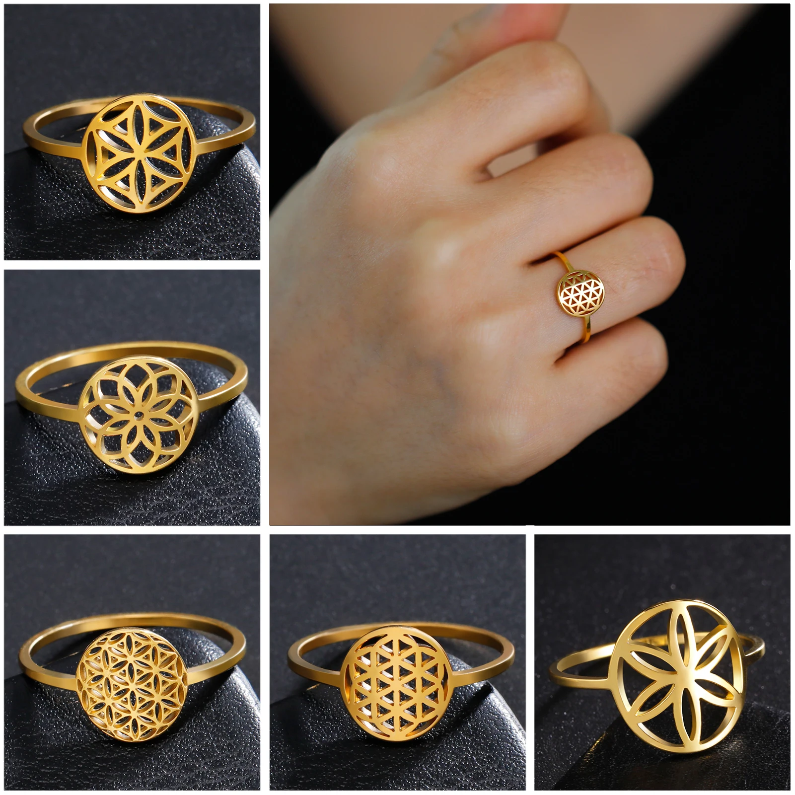 Unift Flower of Life Rings Vintage Ethnic Spiritual Jewelry Scared Geometry Amulet Viking Stainless Steel Wedding Band Women Men