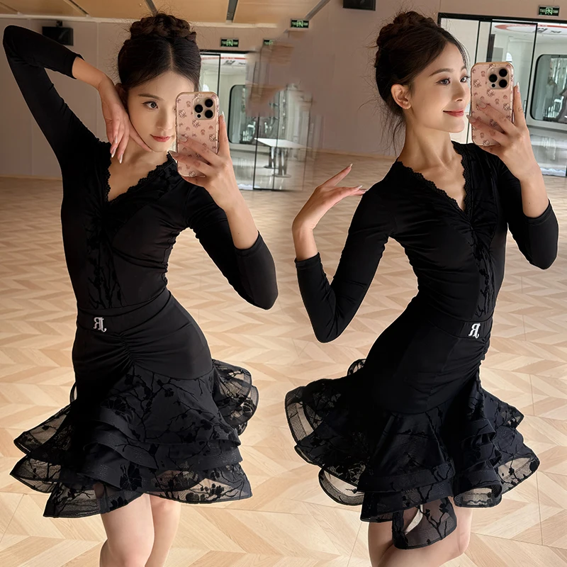 Spódnica do tańca latynoamerykańskiego, odzież treningowa, koronkowa spódnica z fiszbinami, kostium do samby, cha-chy, salsy, strój do ćwiczeń cha-chy, odzież treningowa DQL12162