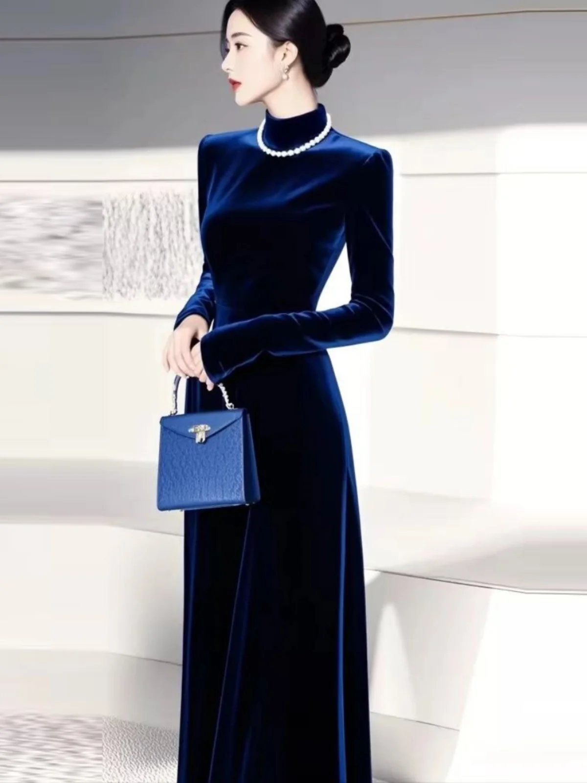 

Deep Blue Velvet Dress Elegant Winter High Society Lady Style Long Skirt High Waist Long Sleeve Color Fashionable Dress