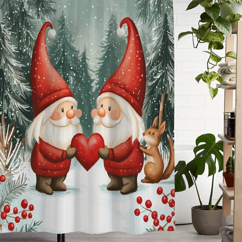 One piece of retro Christmas Santa Claus love squirrel snow pine waterproof shower , with 12 hooks Curtain for Wi