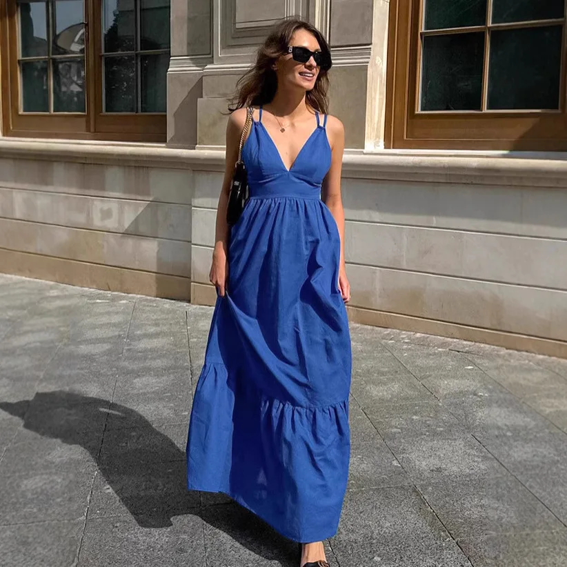 

Сексуальное синее платье-комбинация с V-образным вырезом, женское весеннее свободное повседневное хлопково-льняное платье А-силуэта макси, женская одежда
