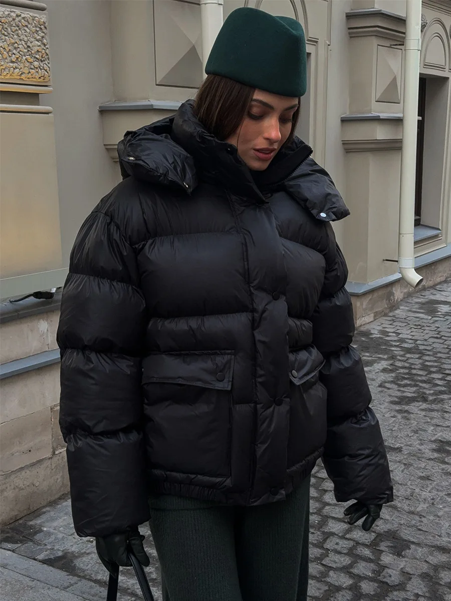 Bornladies Damen Neue Winter Schwarze Parkas Modisch Schlichte Wattierte Baumwolljacke Quadratische Tasche Warme Kapuzenjacke – Detail 8