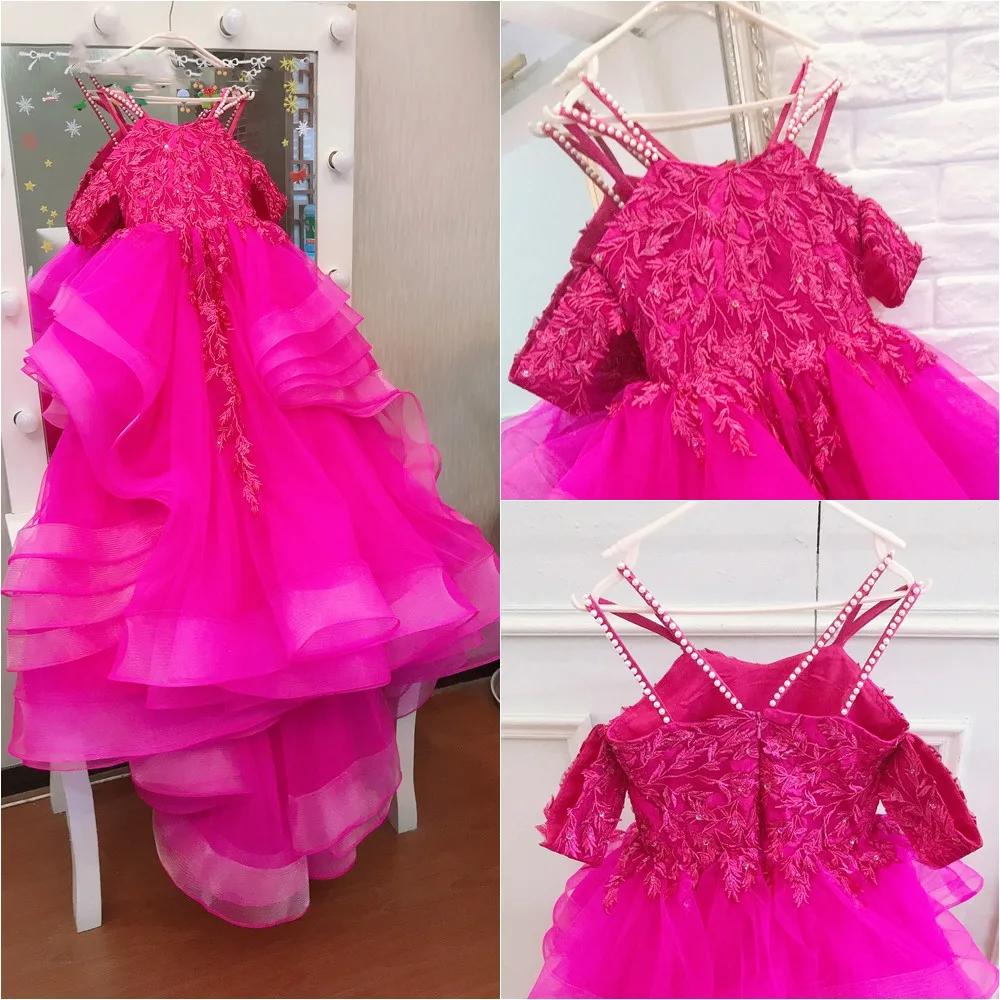 Requintado vestido floral fora do ombro para meninas, vestido de aplique longo, babados de renda, vestido princesa para concurso e casamento, festa de aniversário