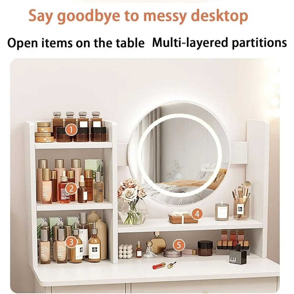 Dressing Table, Makeup Table with Drawers, Vanity Desk with Mirror and LED Lights, 3 Lighting Modes, Multifunctional Makeup Desk