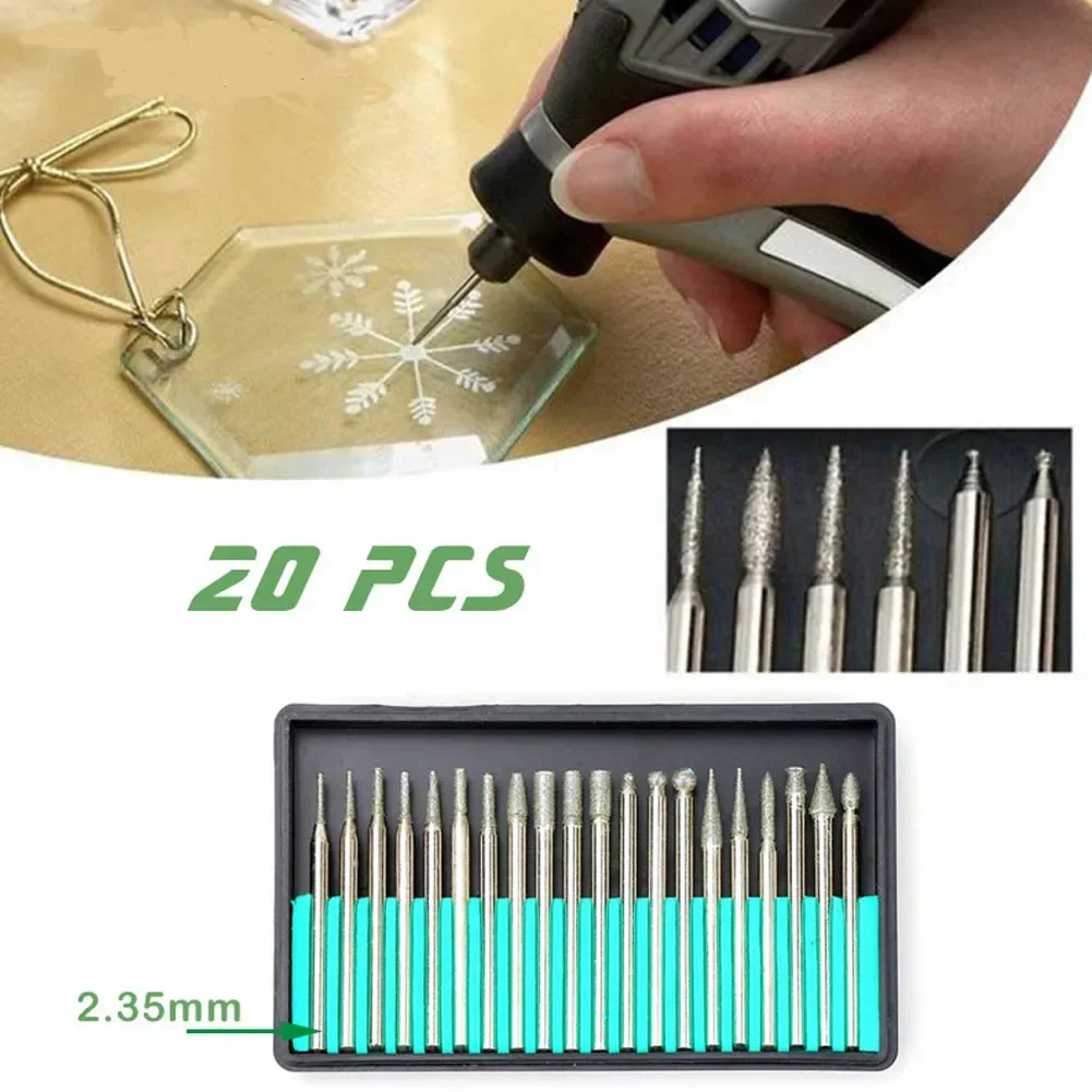 20PCS 3mm Diamond Point Burr Bits Head Dremel Accessories Shank Grinding Needle Carving Polishing Set Mounted Mini Drill Tool