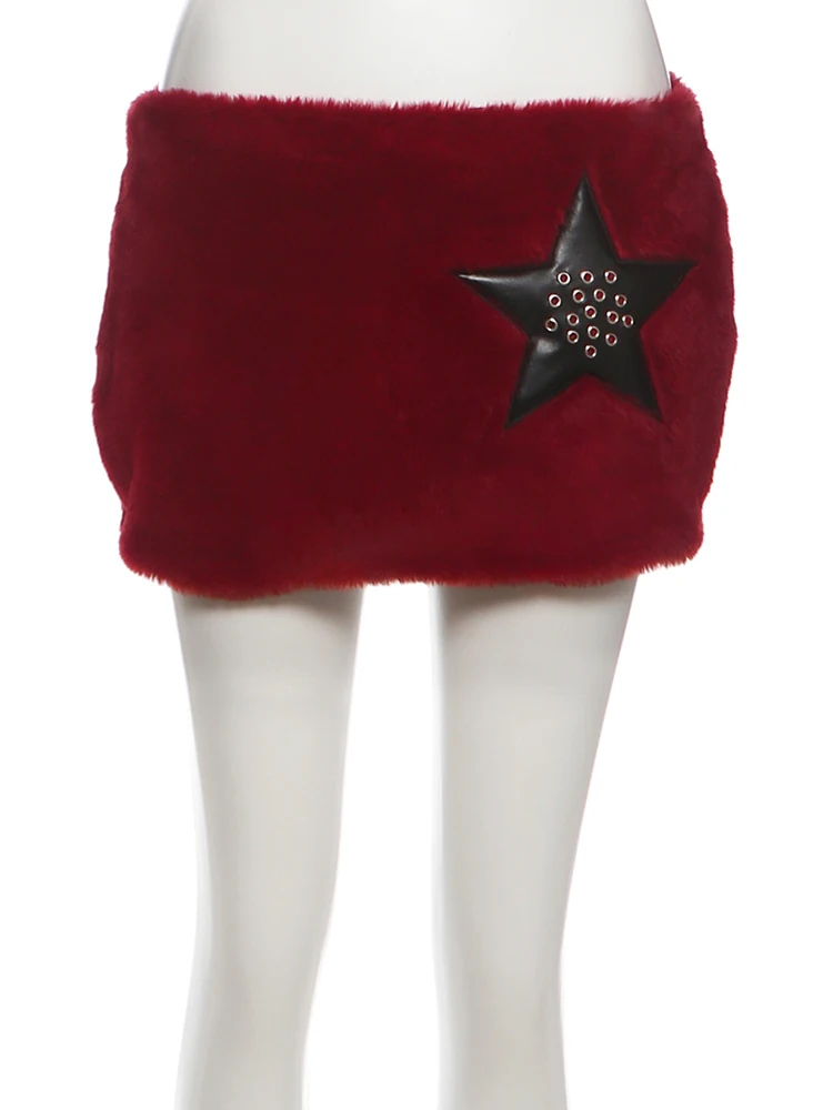 Kliou, faldas de piel de remache con diseño de estrella, faldas peludas para mujer, cintura elástica, cintura, melocotón, moda para chicas, Mini pantalones de estilo de calle