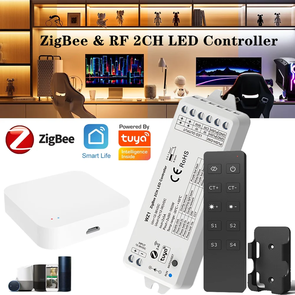 زيجبي & RF 2CH LED تحكم ذكي باهتة مباراة مع 10-مفتاح CCT اللاسلكية عن بعد تويا APP باهتة لشريط CCT LED تيار مستمر 12 فولت 24 فولت