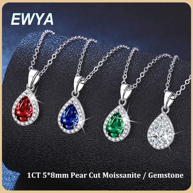 EWYA 1CT Pear Cut Ruby Sapphire Emerald Moissanite Gemstone Pendant Necklace for Woman 925 Silver Water Drop Diamond Neck Chain