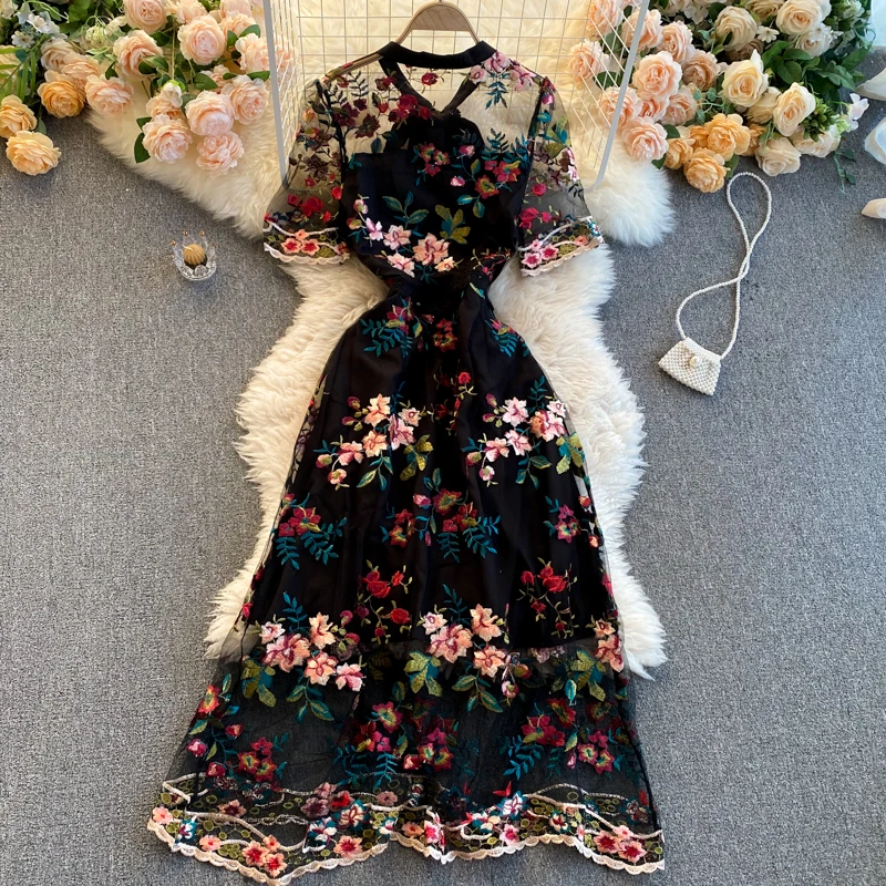 Summer New Arrival Women Vintage Mesh Floral Embroidery Flower Dress Ladies Fashion Bow Tie Short Sleeve A-line Party Dresses