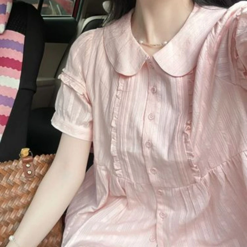 Pink Japanese Sweet Women Shirt Kawaii Cute Pleated Pan Collar Short Sleeve Lolita Blouses Y2k Aesthetic Fashion Blusas De Mujer