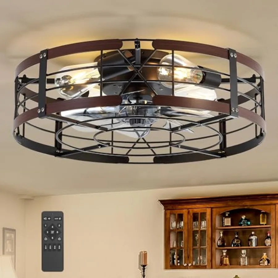 

20" Caged Ceiling Fan with Light, Farmhouse Cieling Fan with Quiet DC Motor, Rustic Metal Cage with Accent, Ideal for Bedroom,