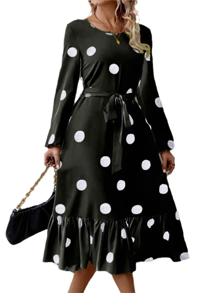 Plus Size Autumn Polka Dot Print Midi Dress Women Ruffle Pleated Loose Fashion Long Sleeve Ladies Dresses Slim Waist Woman Dress