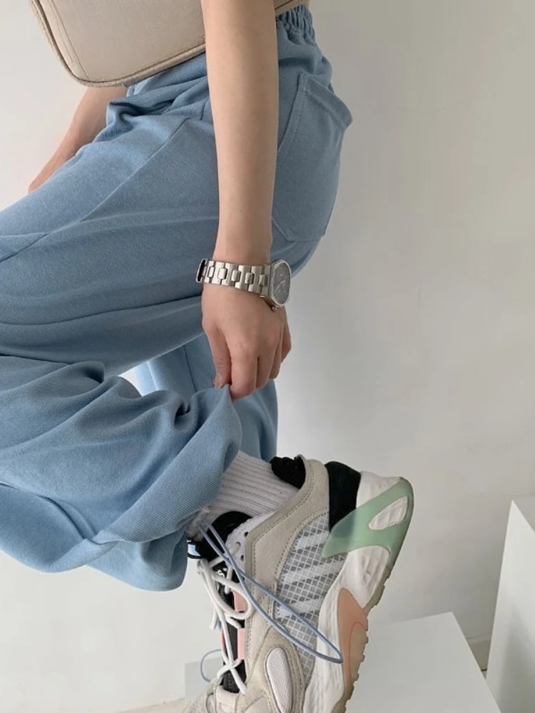 Western Style Thin Wide Leg Sweatpants Women High Waist Drawstring Cuffed Slim Drape Casual