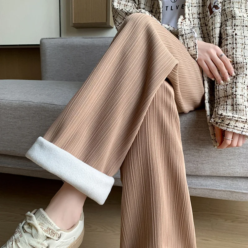 Winter Velvet Women's Casual Pants Warm Thickened Straight Pants High Waist Khaki Fashion Striped Wide Leg Pants Street College
