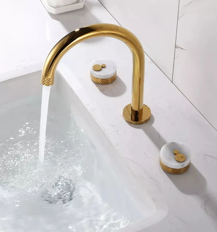 Luxury Bathroom Sink Faucet Brass and Marble Gold Two Handles With Knurling Design Marble 3 Holes Golden Lavabo Faucet Hot Cold