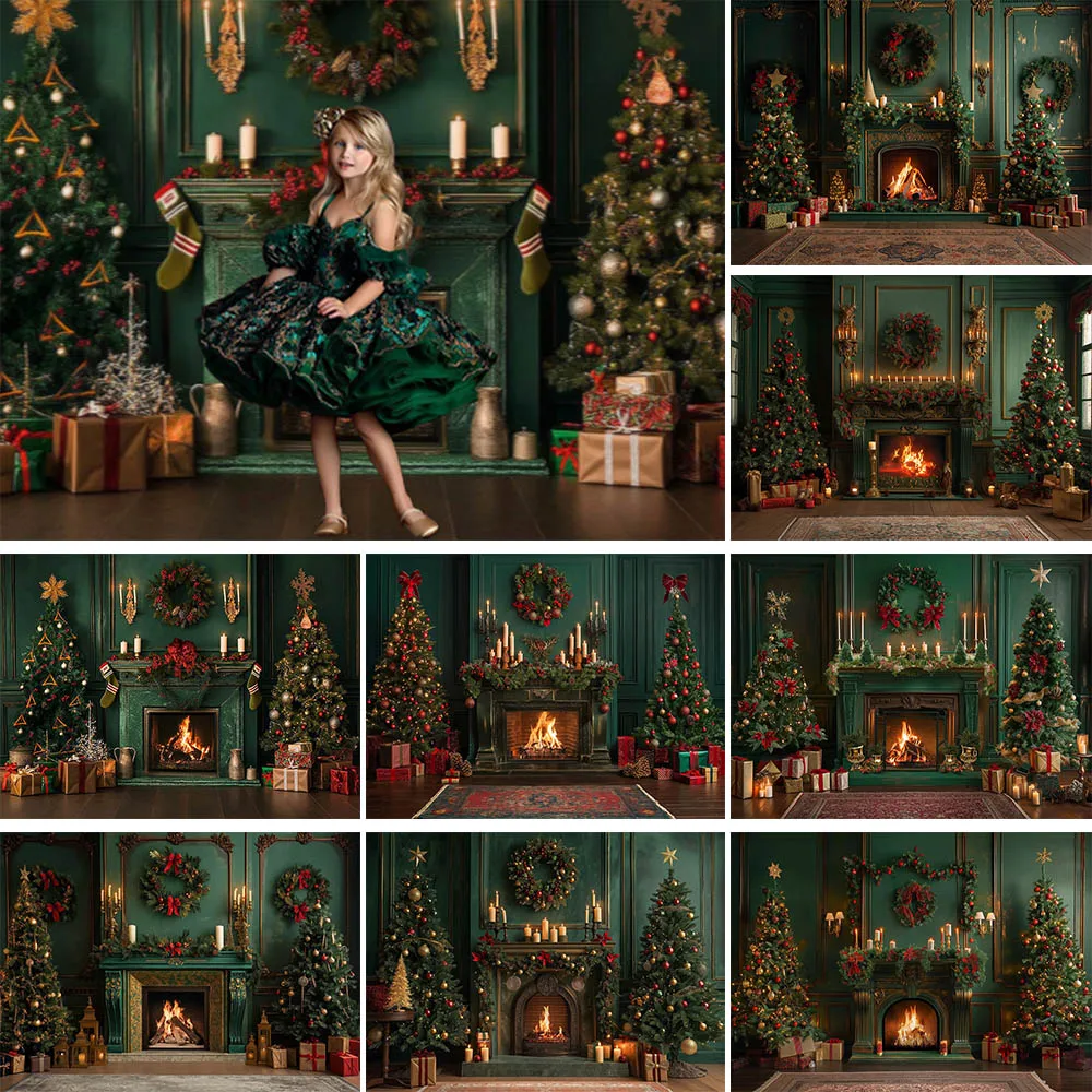 

Mocsicka Christmas Green Vintage Wall Family Portrait Background Interior Xmas Decoration Fireplace Xmas Tree Photocall Backdrop