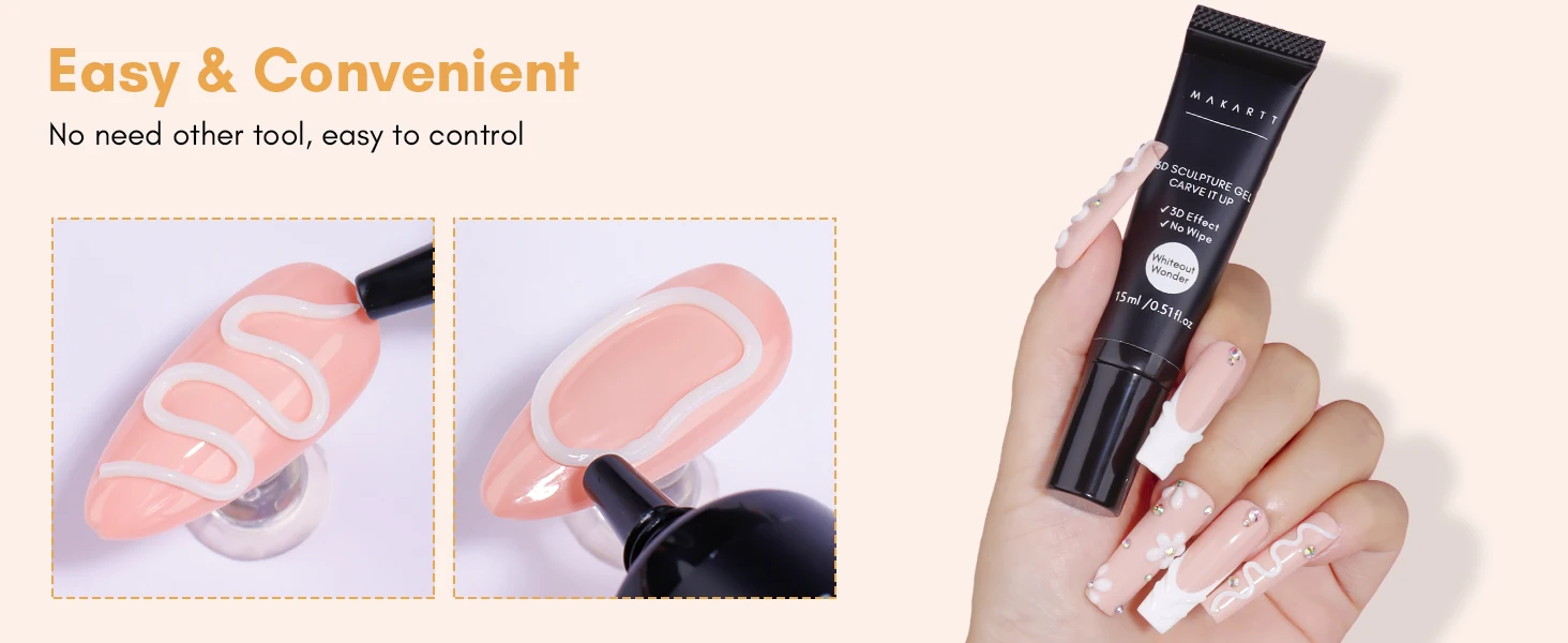 Makartt 3D Nail Gel Sculpting Gel Nail Art Glue Kit, White Craving Gel und Black Candy Molding Gel No Wipe Embossed Gel Polish – Detail 5