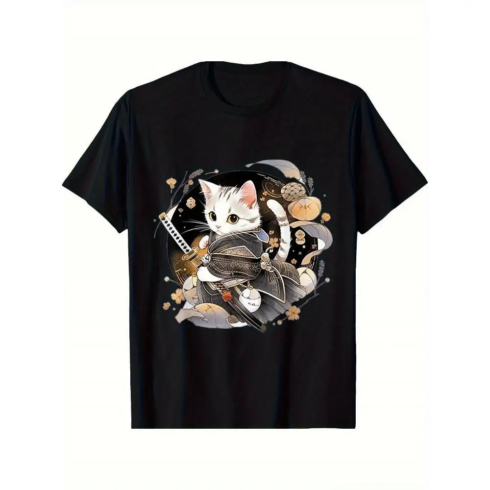 Ninja Ukiyoye Print T Shirt Men Black Short Sleeve Crew Neck Stretch Cotton Regular Fit Machine Washable Anime Street Style