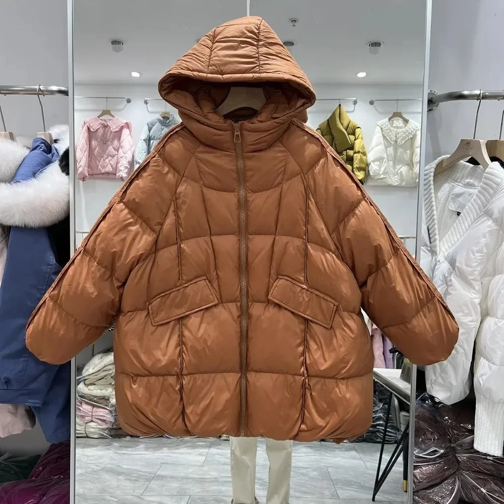 

2025 Winter Female Casual Loose Parkas Pocket Outerwear Women White Duck Down Jacket Hooded Plus Size Warm Oversize Puffer Coat