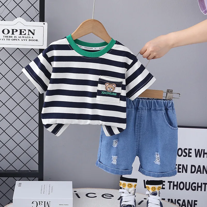 New boys' summer short sleeve suit boys style striped shirt denim shorts two-piece children's clothing set