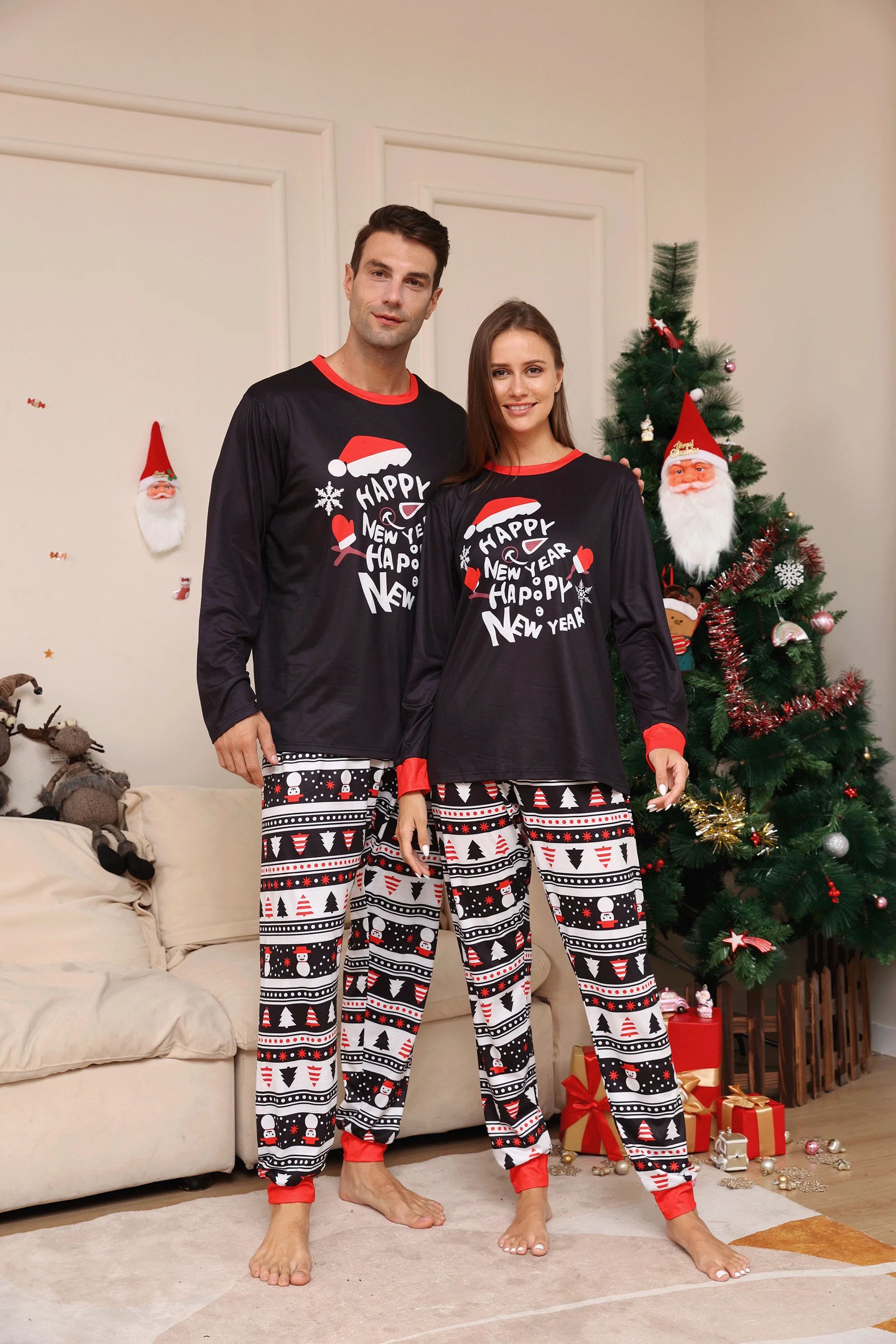 

Одинаковые новогодние и рождественские пижамные комплекты для пары, черная одежда для сна с длинными рукавами и принтом «С Новым годом»