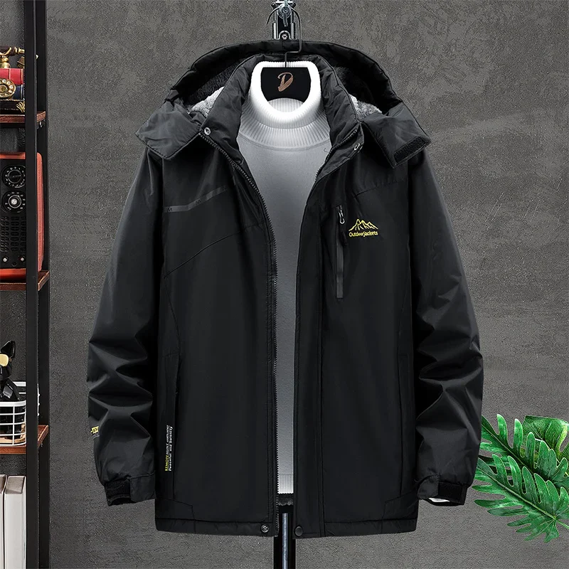 Veste d'automne et d'hiver pour hommes Mode décontractée Poignées imprimées Chapeau amovible Alpinisme Camping Manteau imperméable Grand M-9XL pour hommes