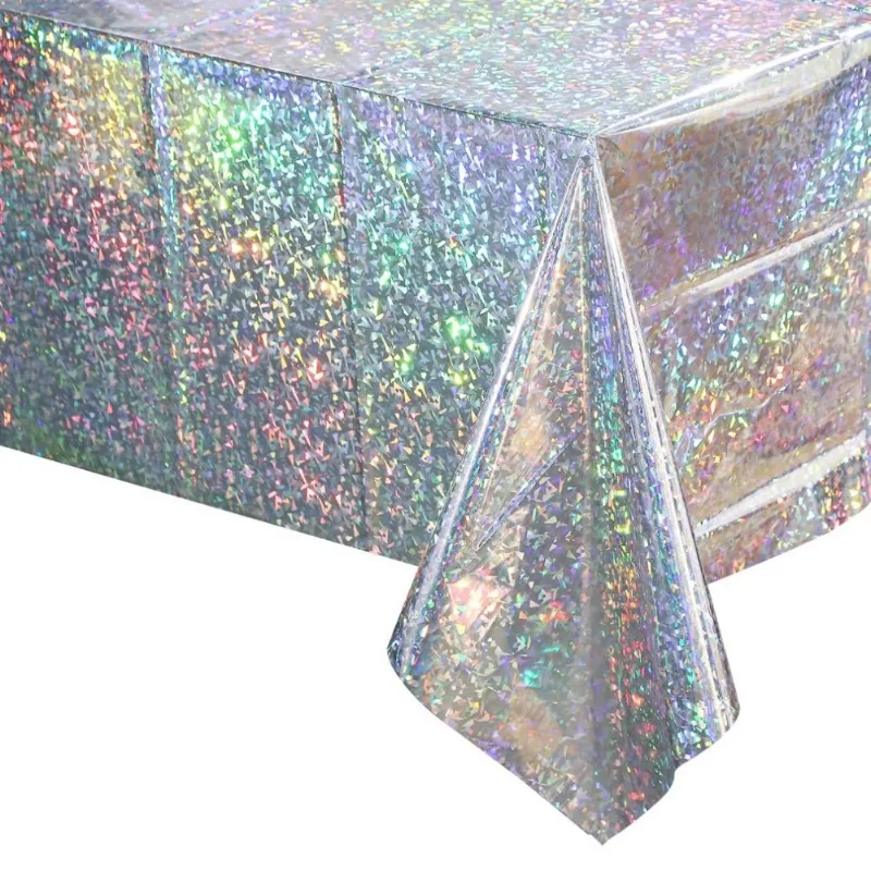 1PC Disposable Tablecloth PE Waterproof Flash Laser Silver Aluminum Film Table Cloth Birthday Party Wedding Evevt Decorations view 6
