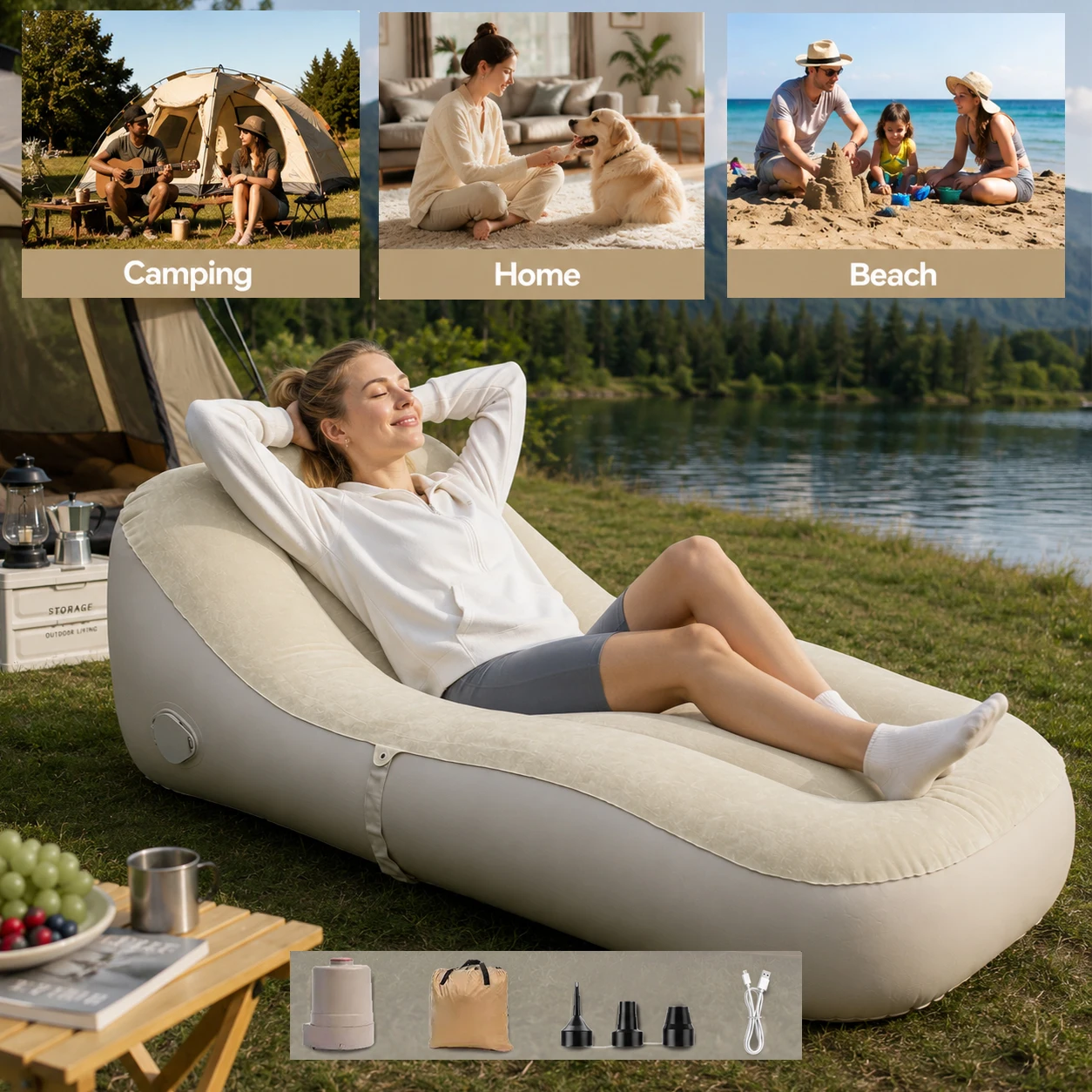Single Air Sofa Bed with Detachable Built-in Pump, Fast Inflation & Deflation，Auto-Inflating Mattress for Sleeping, Camping
